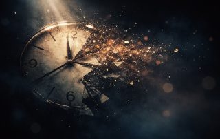 Abstract cinematic image of a fragmented clock dissolving into particles, representing short theatre shows at Edinburgh Fringe Festival 2026