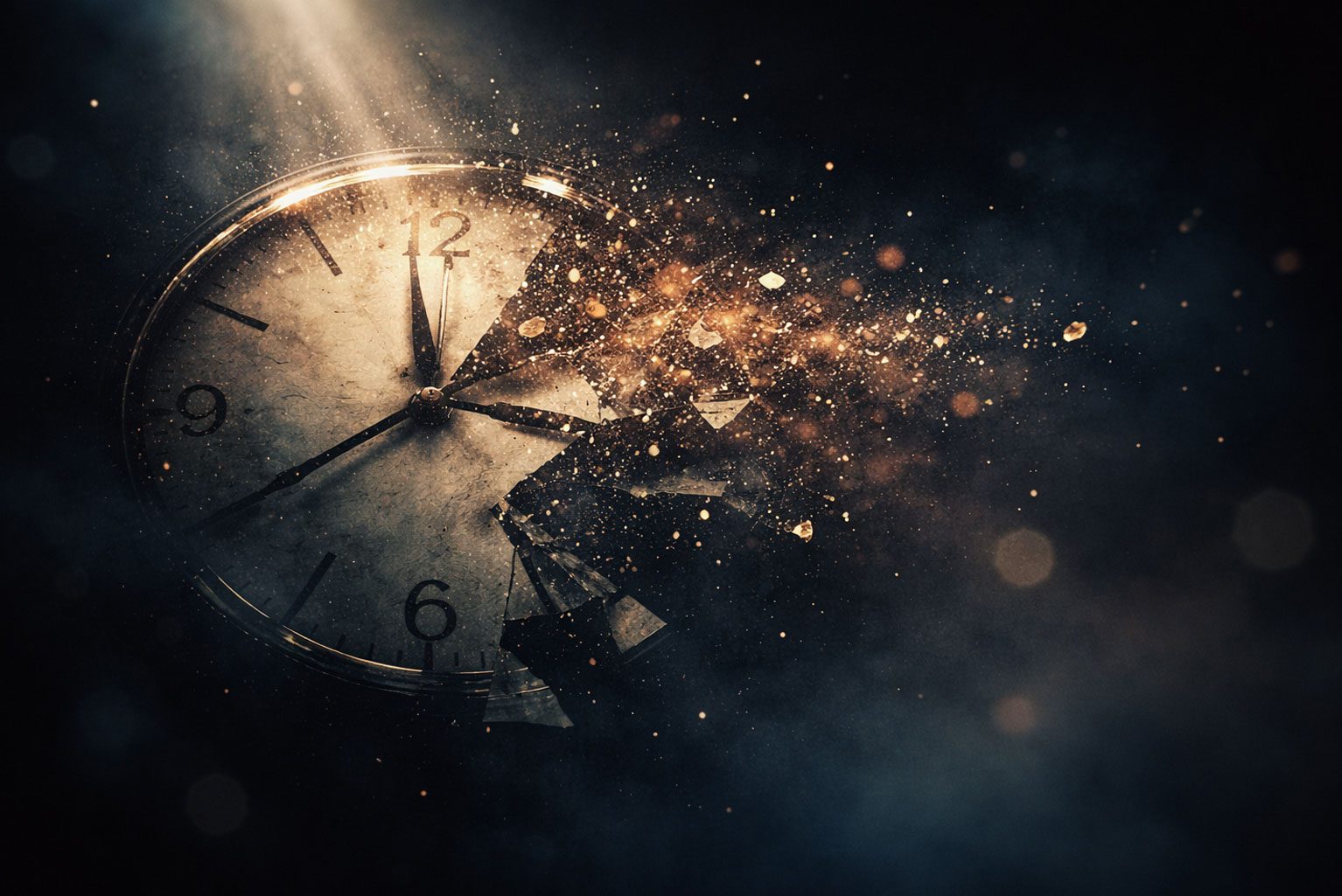 Abstract cinematic image of a fragmented clock dissolving into particles, representing short theatre shows at Edinburgh Fringe Festival 2026