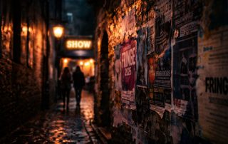 Dimly lit Edinburgh alley with poster-covered walls and warm lights representing hidden gem theatre shows at Fringe 2026