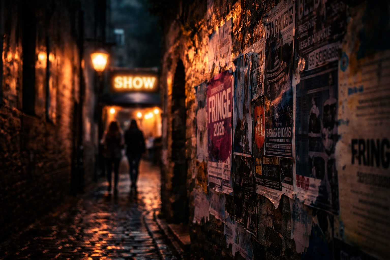 Dimly lit Edinburgh alley with poster-covered walls and warm lights representing hidden gem theatre shows at Fringe 2026