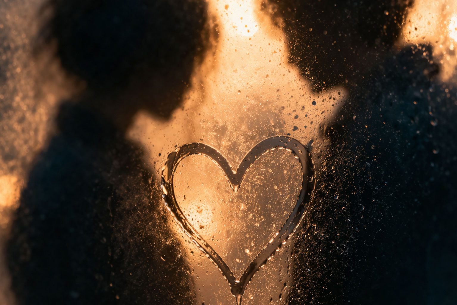 Abstract heart shape on foggy glass with blurred silhouettes representing love and uncertainty in Constellations play