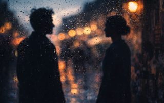 Two distant silhouettes behind rain-covered glass representing an unconventional love story at Edinburgh Fringe 2026