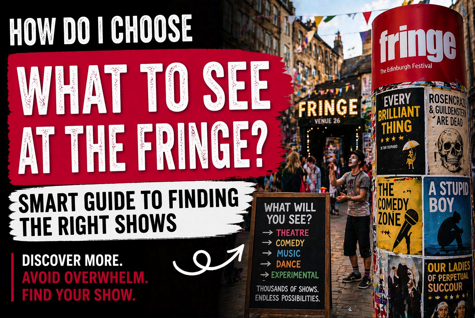Edinburgh Fringe festival street scene with posters and performers illustrating how to choose what shows to see at the Fringe