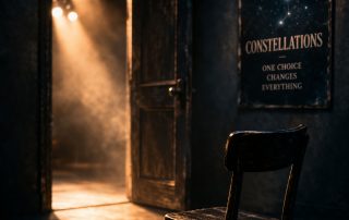 Open door with warm light and empty chair representing choice and invitation in Constellations theatre production