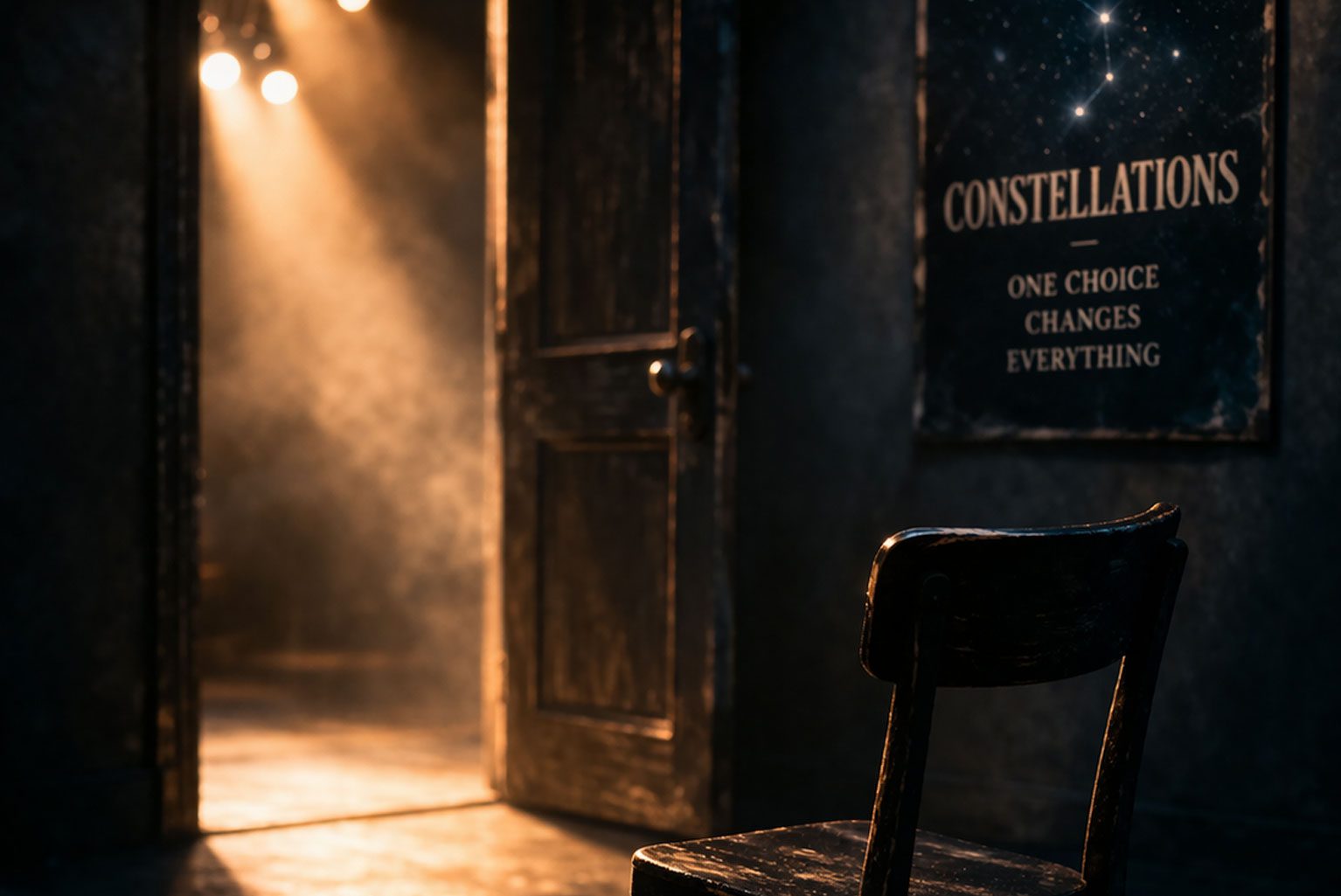 Open door with warm light and empty chair representing choice and invitation in Constellations theatre production