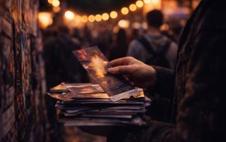 Person holding a theatre flyer in a busy Edinburgh Fringe street, surrounded by crowds and glowing festival lights