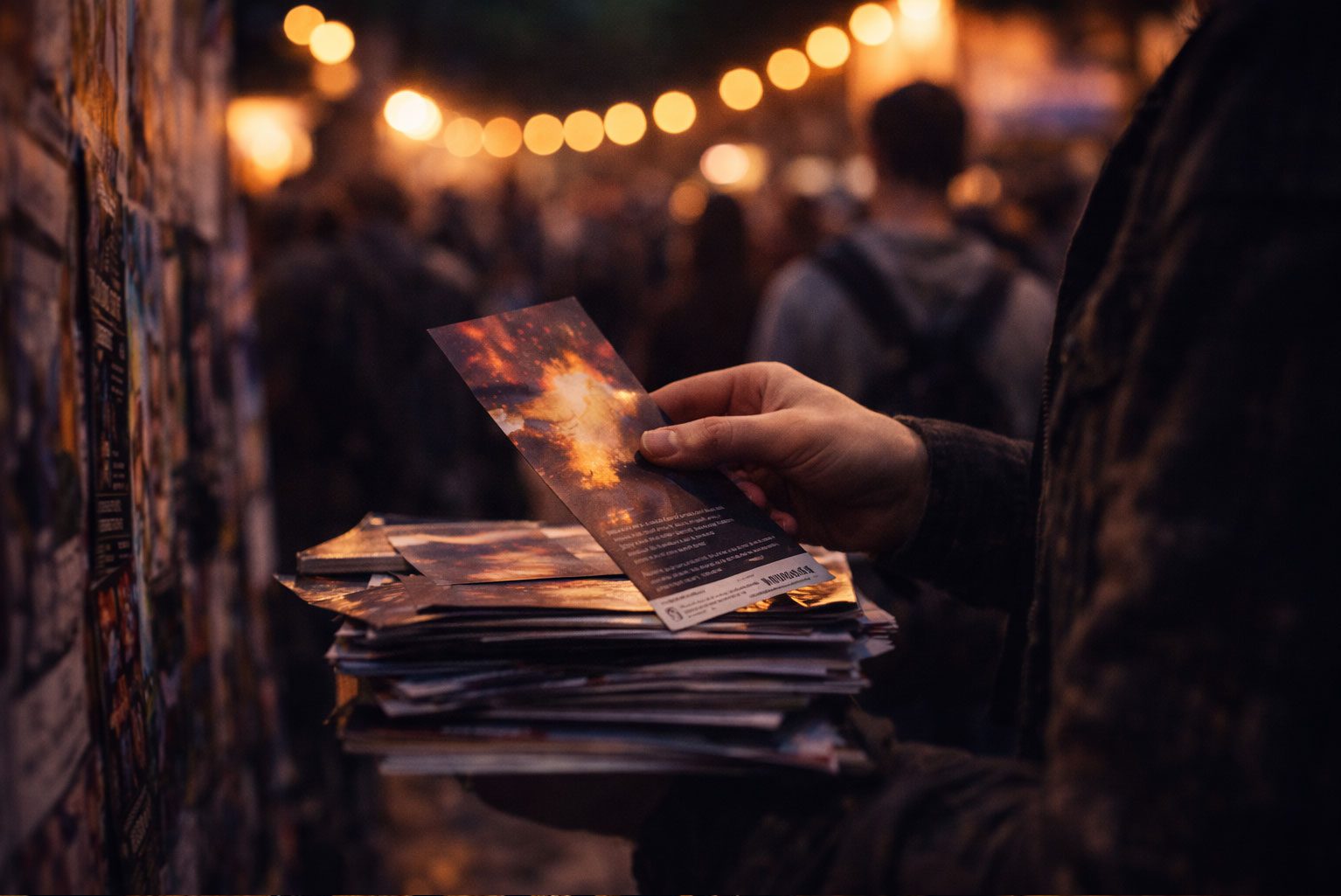 Person holding a theatre flyer in a busy Edinburgh Fringe street, surrounded by crowds and glowing festival lights
