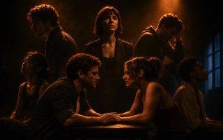 Cinematic contemporary theatre collage with moody stage lighting, intimate dramatic atmosphere, and warm orange-blue tones representing modern plays at Edinburgh Fringe 2026.