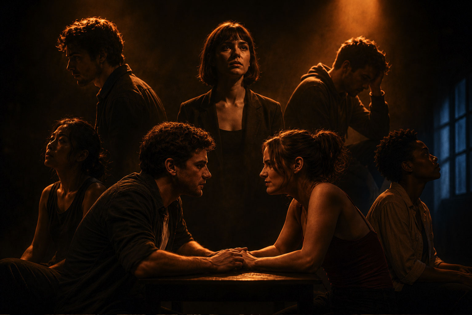 Cinematic contemporary theatre collage with moody stage lighting, intimate dramatic atmosphere, and warm orange-blue tones representing modern plays at Edinburgh Fringe 2026.