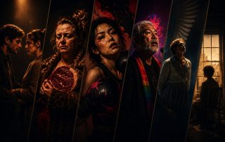Cinematic collage of dramatic theatre productions at the Edinburgh Fringe 2026 featuring intimate relationships, emotional conflict, queer history, and contemporary stage performances in warm moody lighting.