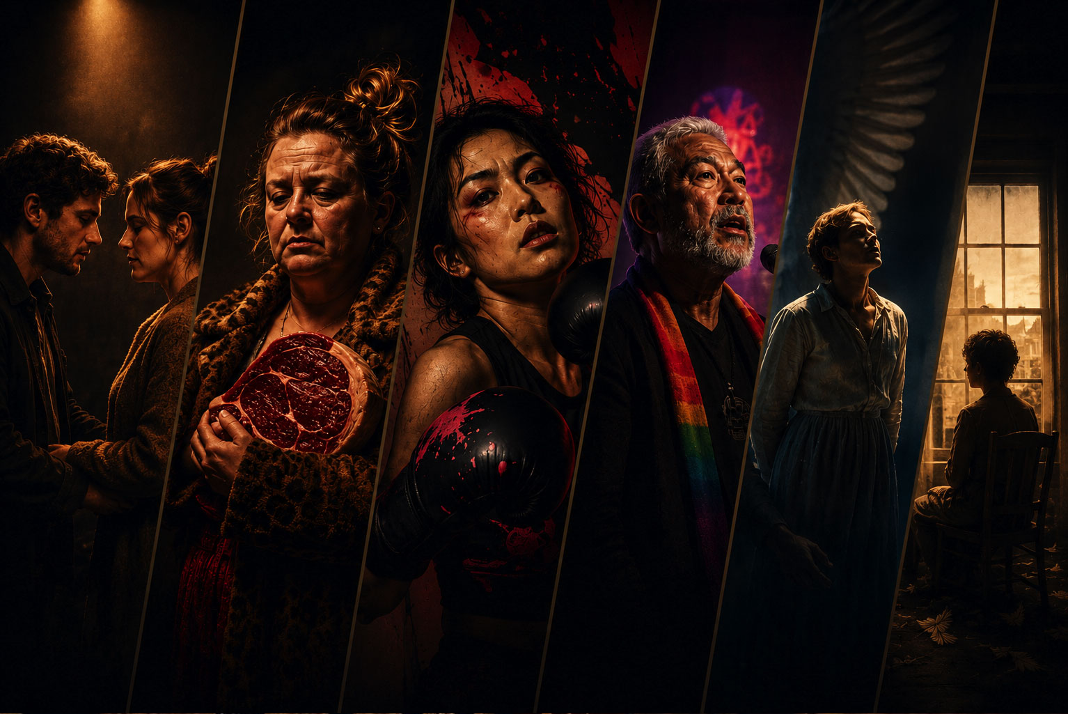 Cinematic collage of dramatic theatre productions at the Edinburgh Fringe 2026 featuring intimate relationships, emotional conflict, queer history, and contemporary stage performances in warm moody lighting.