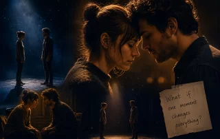 Cinematic collage of an intimate couple in warm dramatic lighting, standing and sitting across from each other in emotionally tense moments inspired by contemporary relationship theatre and Constellations.