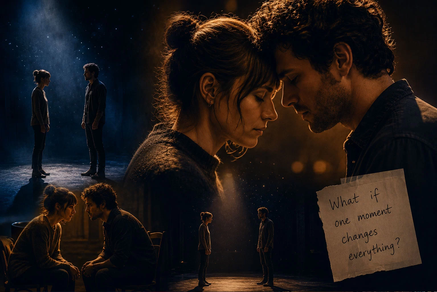 Cinematic collage of an intimate couple in warm dramatic lighting, standing and sitting across from each other in emotionally tense moments inspired by contemporary relationship theatre and Constellations.