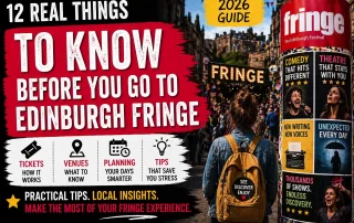 crowded Edinburgh Fringe festival street with posters and audience illustrating what to know before visiting the Fringe