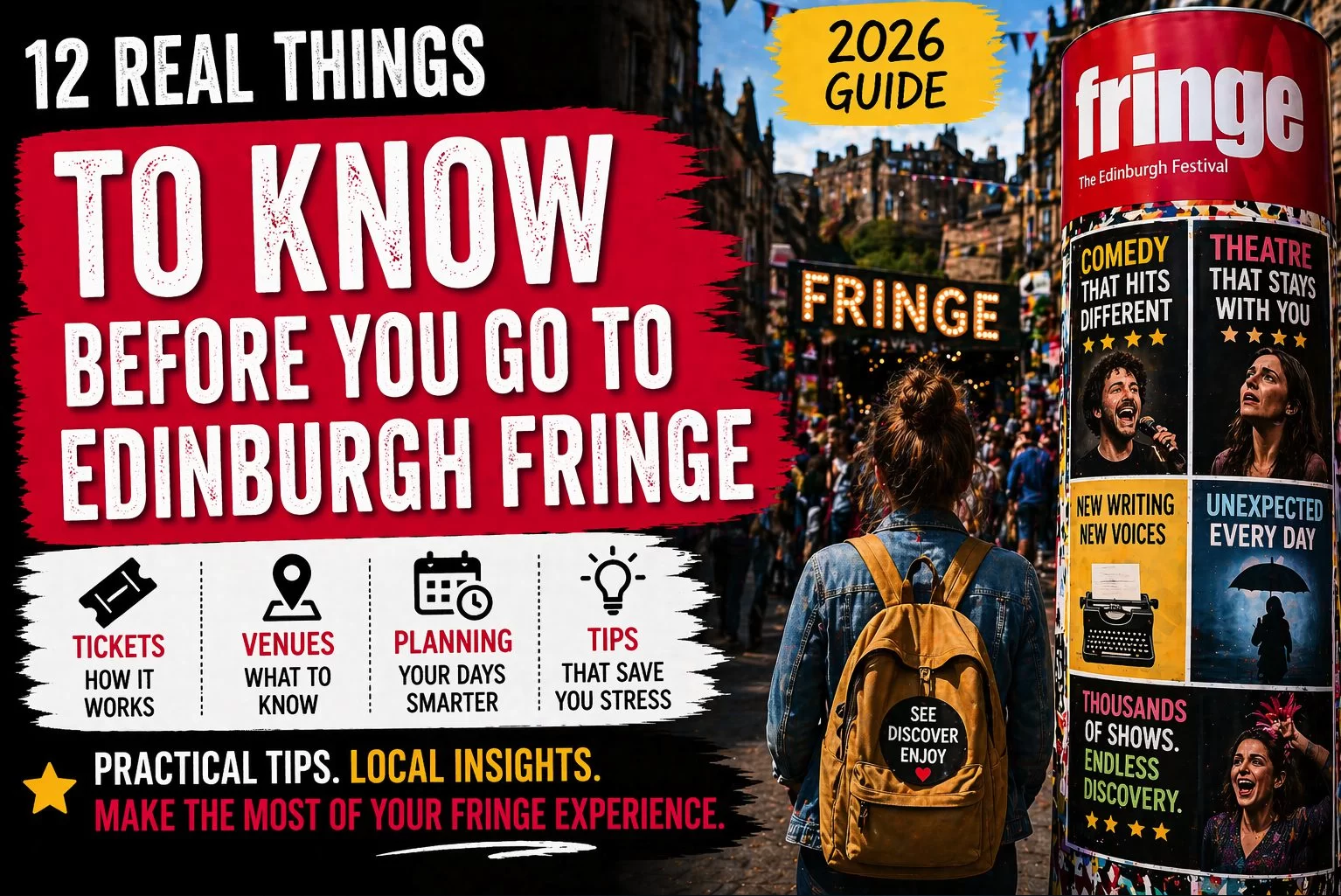 crowded Edinburgh Fringe festival street with posters and audience illustrating what to know before visiting the Fringe