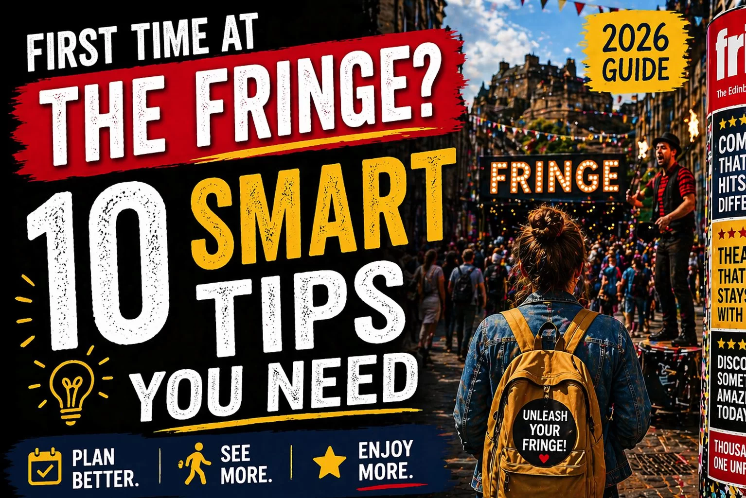 first time visitor guide to Edinburgh Fringe showing busy festival street, performers and tips for planning your experience