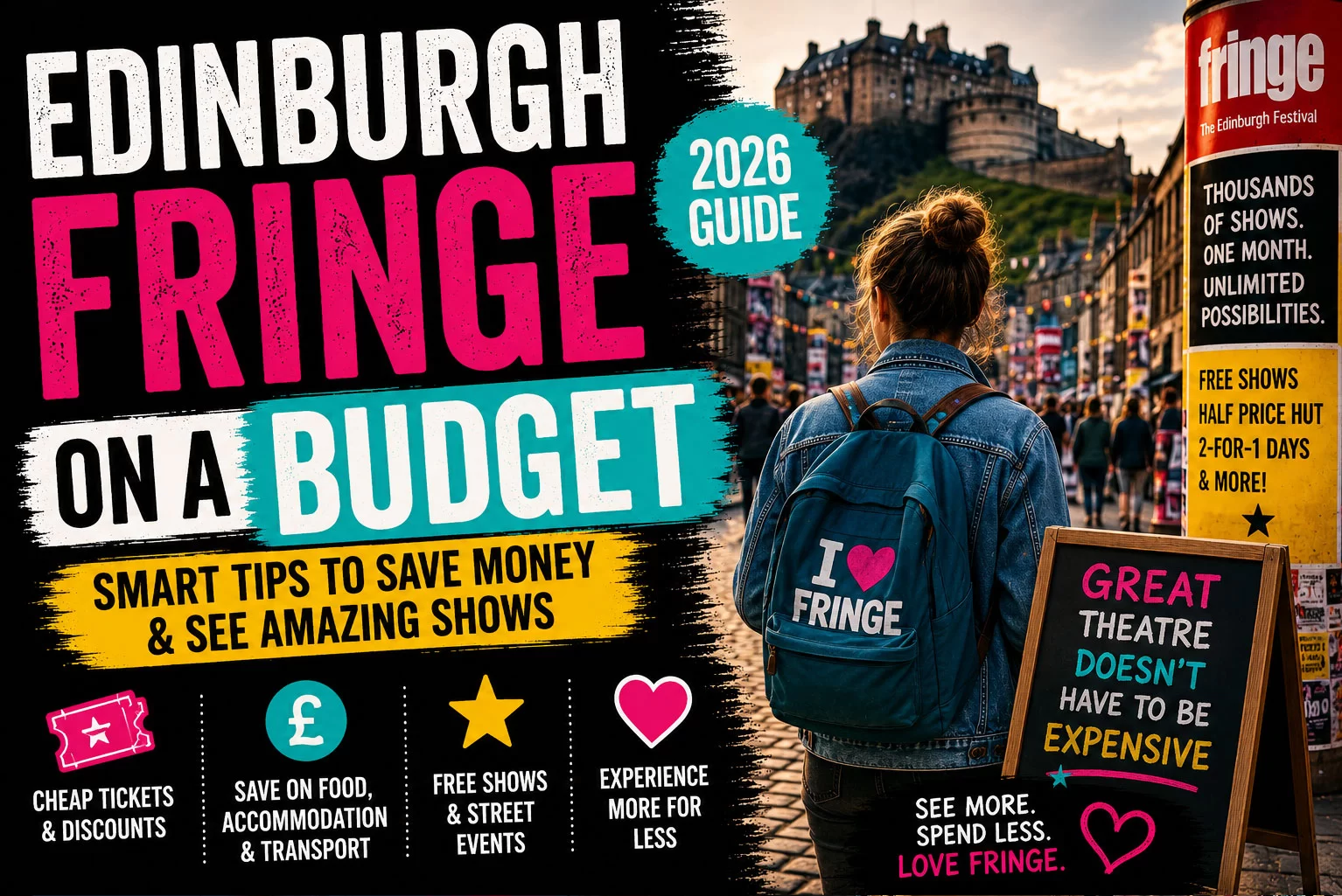 Bold cinematic thumbnail for an Edinburgh Fringe budget guide featuring colorful festival streets, a backpacked visitor walking through Edinburgh during Fringe, distressed typography, and vibrant poster-style graphics about saving money at the festival.