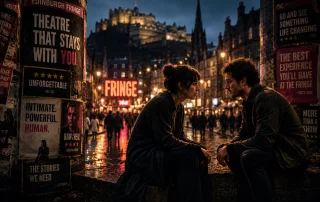 Cinematic nighttime Edinburgh Fringe scene with two people in intense conversation surrounded by festival posters and dramatic city lights, representing unforgettable contemporary theatre experiences.