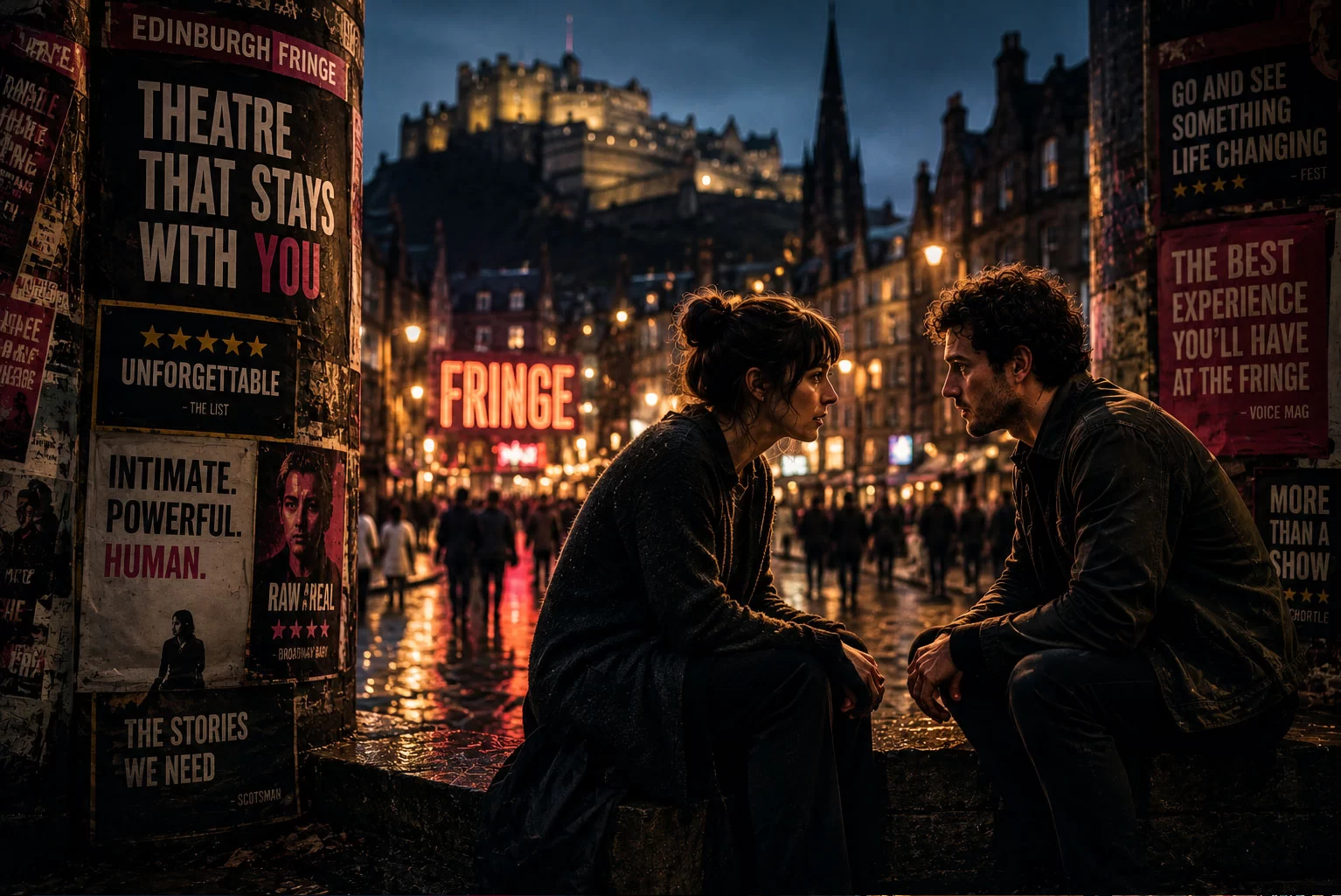 Cinematic nighttime Edinburgh Fringe scene with two people in intense conversation surrounded by festival posters and dramatic city lights, representing unforgettable contemporary theatre experiences.