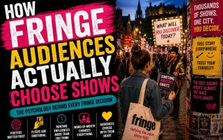 Cinematic Edinburgh Fringe thumbnail showing crowds walking through the Royal Mile at night surrounded by glowing theatre posters, flyer performers, warm festival lights, and an atmospheric busy Fringe street scene capturing how audiences discover shows during the festival.
