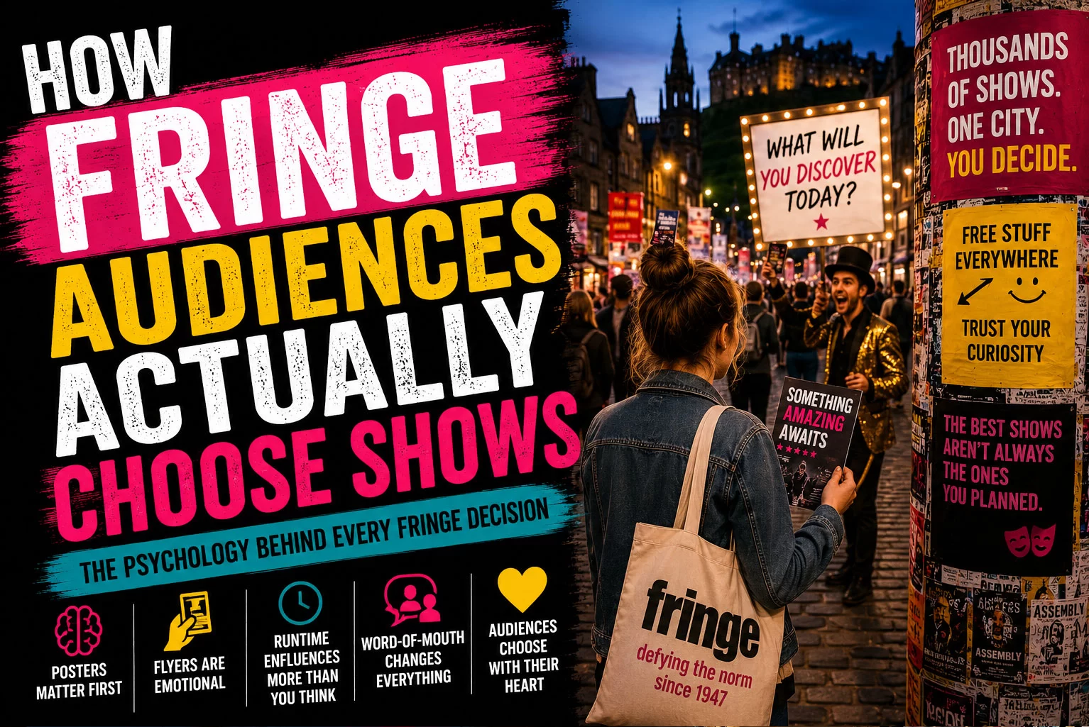 Cinematic Edinburgh Fringe thumbnail showing crowds walking through the Royal Mile at night surrounded by glowing theatre posters, flyer performers, warm festival lights, and an atmospheric busy Fringe street scene capturing how audiences discover shows during the festival.