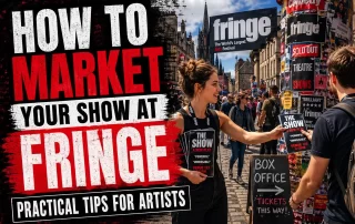 artists promoting a show at Edinburgh Fringe with flyers, posters, and busy festival crowd