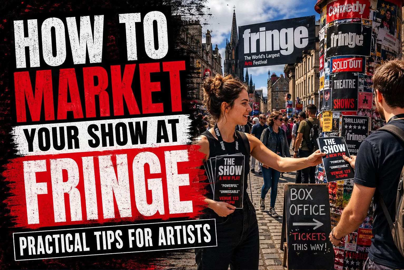 artists promoting a show at Edinburgh Fringe with flyers, posters, and busy festival crowd