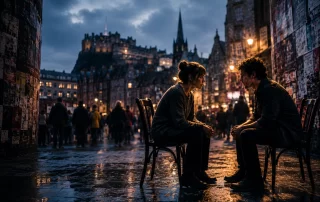 Cinematic image of two people seated face-to-face in an emotionally intense conversation on a wet Edinburgh street at night, surrounded by Fringe posters and dramatic city lights.