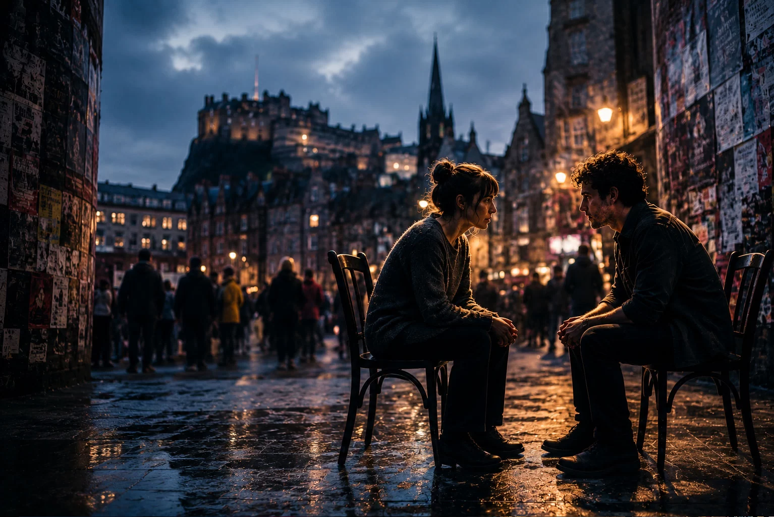 Cinematic image of two people seated face-to-face in an emotionally intense conversation on a wet Edinburgh street at night, surrounded by Fringe posters and dramatic city lights.