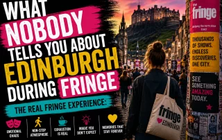 Bold cinematic thumbnail for an Edinburgh Fringe article featuring crowded Royal Mile festival streets at sunset, Edinburgh Castle in the background, colorful Fringe posters, distressed typography, and a visitor walking through the chaotic atmosphere of the Fringe Festival.