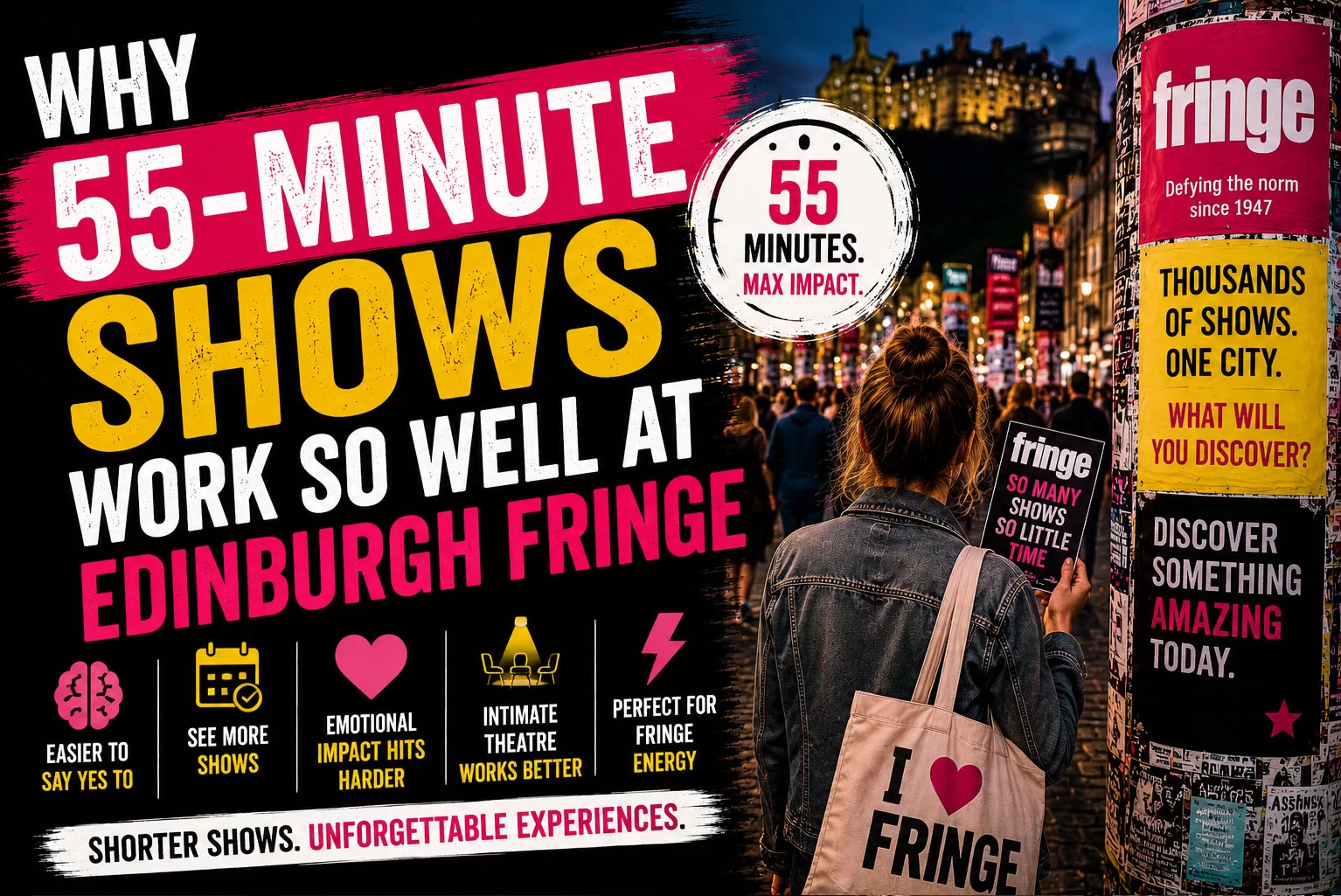 Bold cinematic thumbnail for an Edinburgh Fringe article featuring nighttime Royal Mile crowds, colorful Fringe posters, distressed typography about 55-minute shows, and a festival audience member walking through Edinburgh during the Fringe.