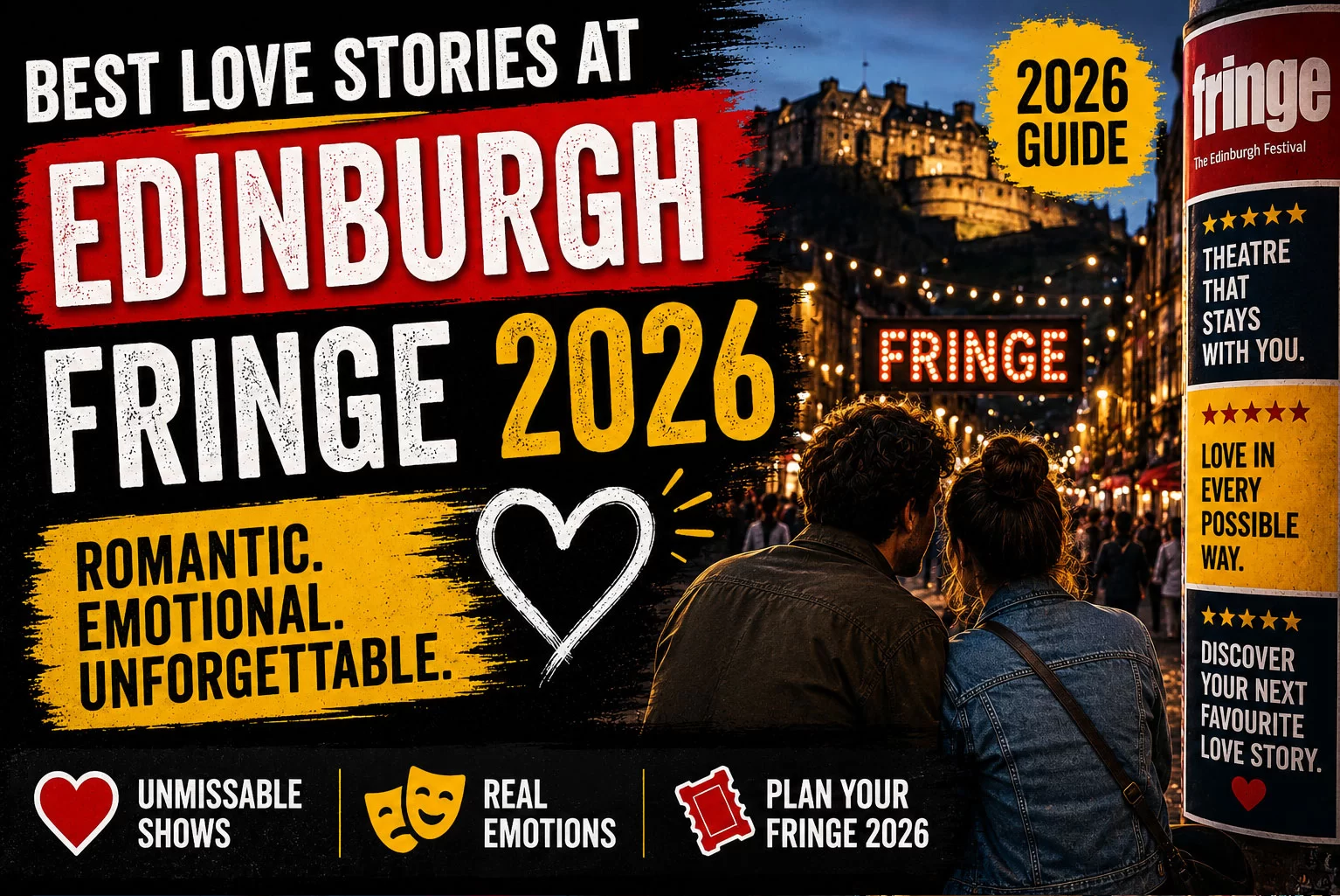 Bold cinematic Edinburgh Fringe 2026 poster-style thumbnail featuring a couple overlooking busy festival streets at night, dramatic typography, warm city lights, and a romantic contemporary theatre atmosphere.