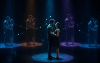 A couple appearing across parallel realities in live theatre
