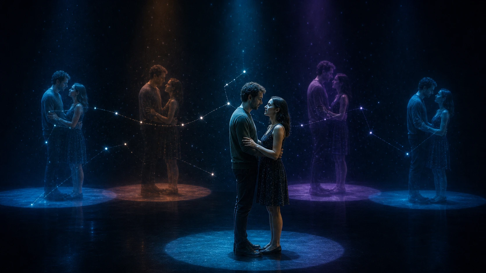 A couple connected across parallel universes in a physics-based romance