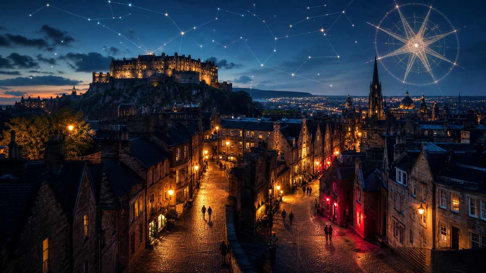 Edinburgh Old Town routes beneath a constellation compass