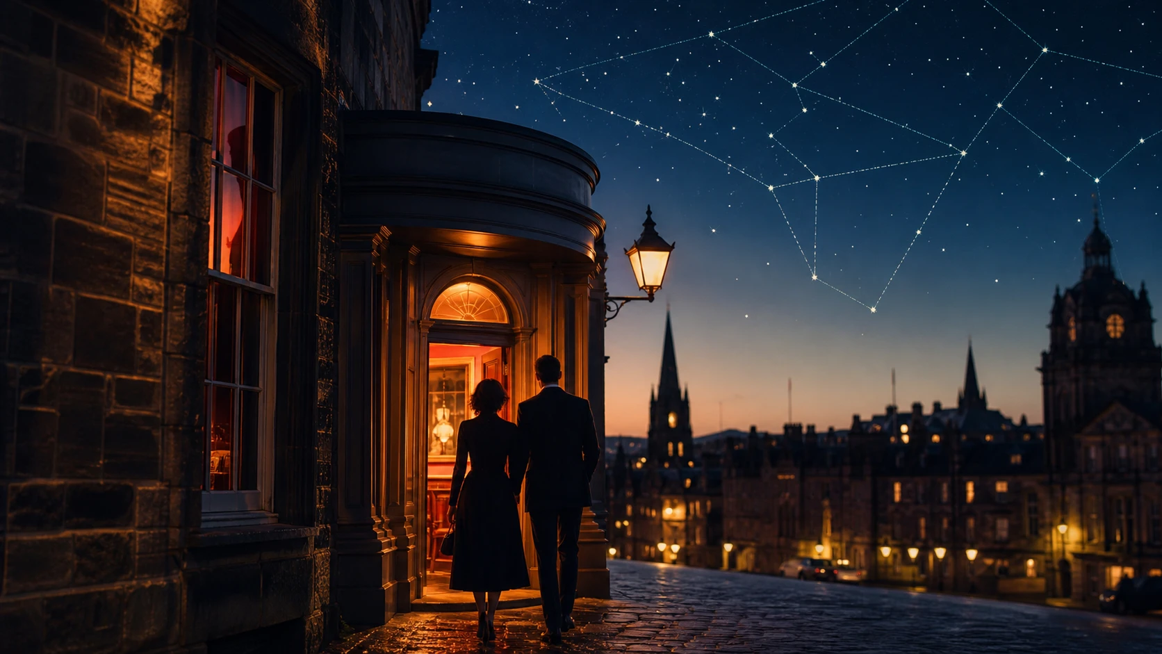 A couple approaching an intimate Edinburgh theatre at night