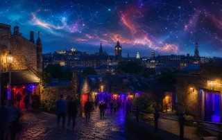 Edinburgh Fringe venues beneath a colorful constellation sky