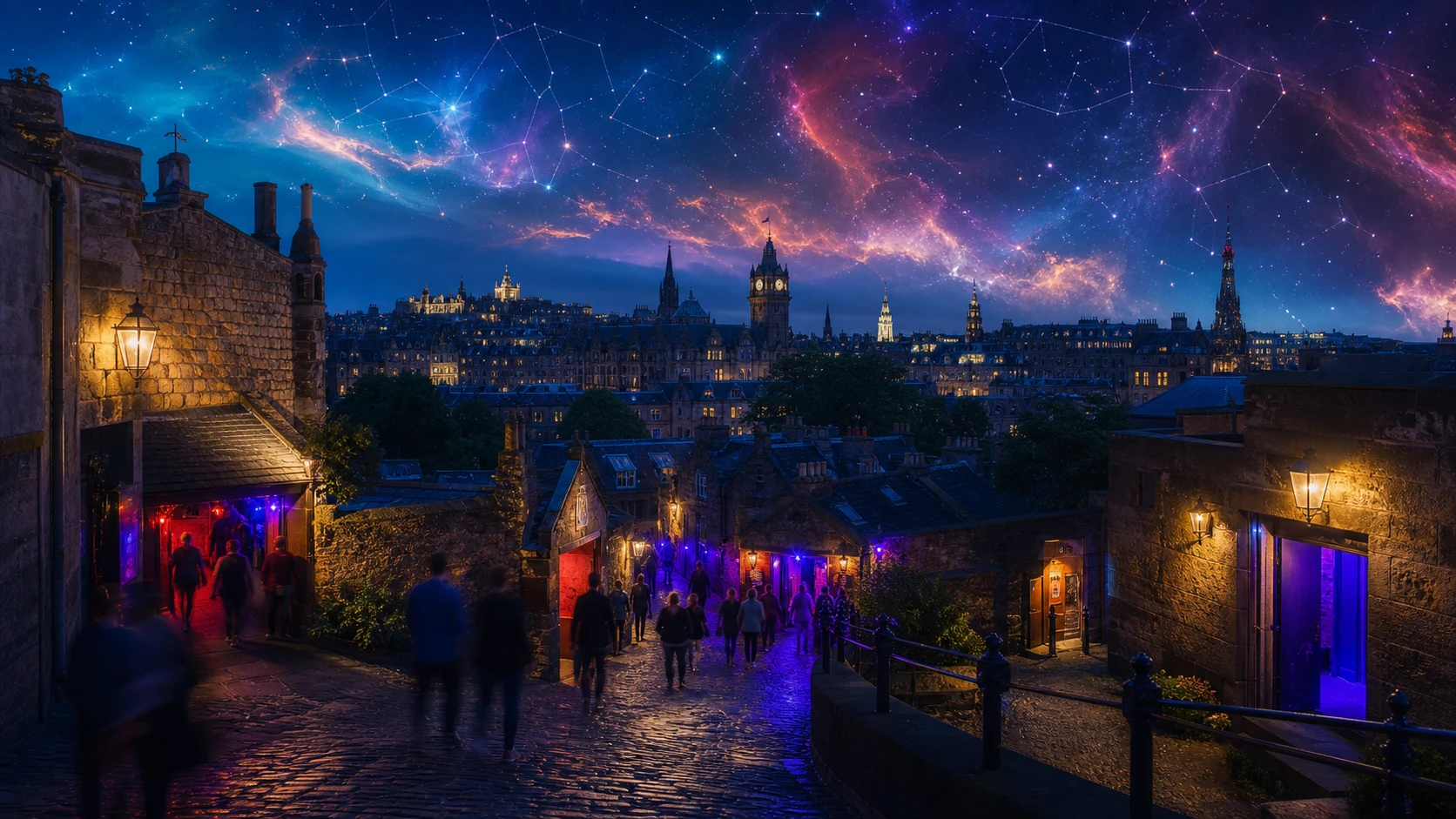 Edinburgh Fringe venues beneath a colorful constellation sky