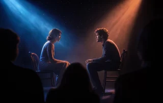 Script pages transforming into live contemporary drama